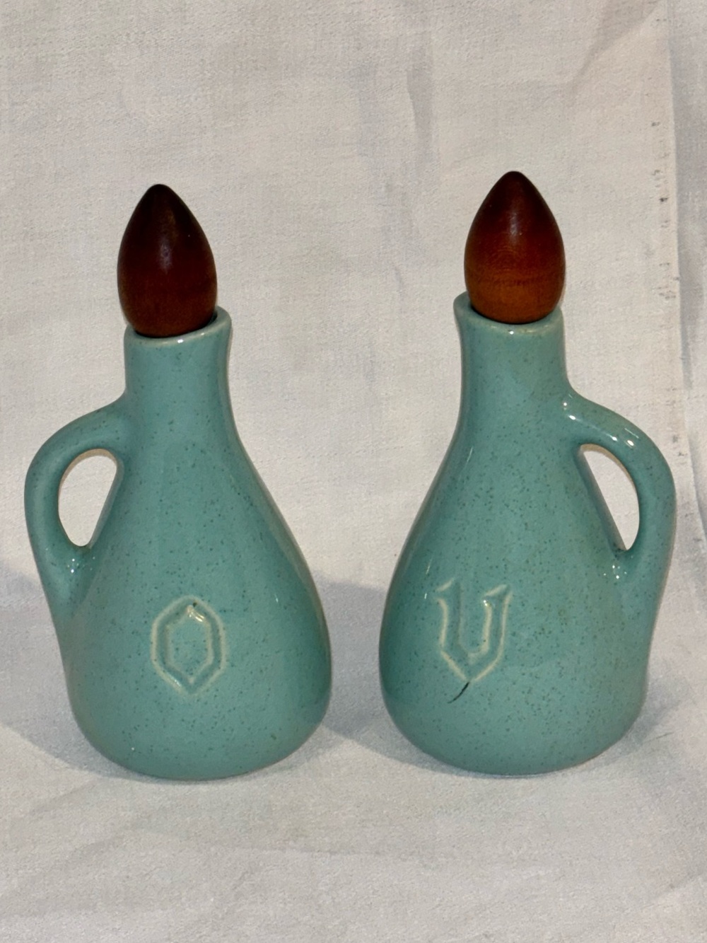 Pottery Turquoise Speckled Handled Vinegar & Oil Cruets